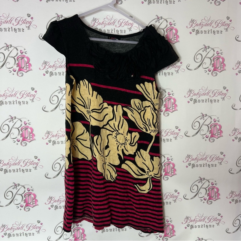 Yumi Dress ruffle floral Black and Pink Floral Dress striped wool